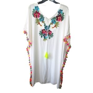 Finovas Sequin Embroidered Tassles Floral Neon and White Swim Coverup One Size